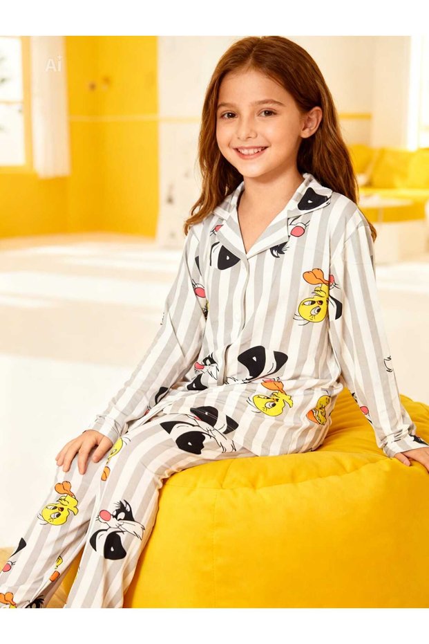 Tweety & Slyvester Themed White Color Gray Striped Shirt Collar Button Girls' Pajama Set