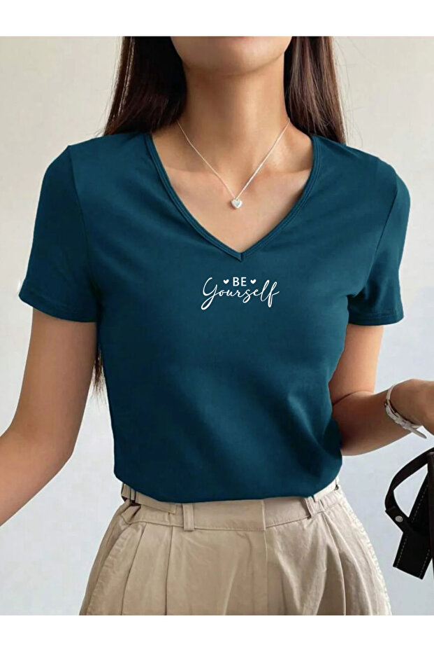 Slogan Be Yourself Printed V-Neck Basic Cotton Pack Women's Combed Cotton Tshirt