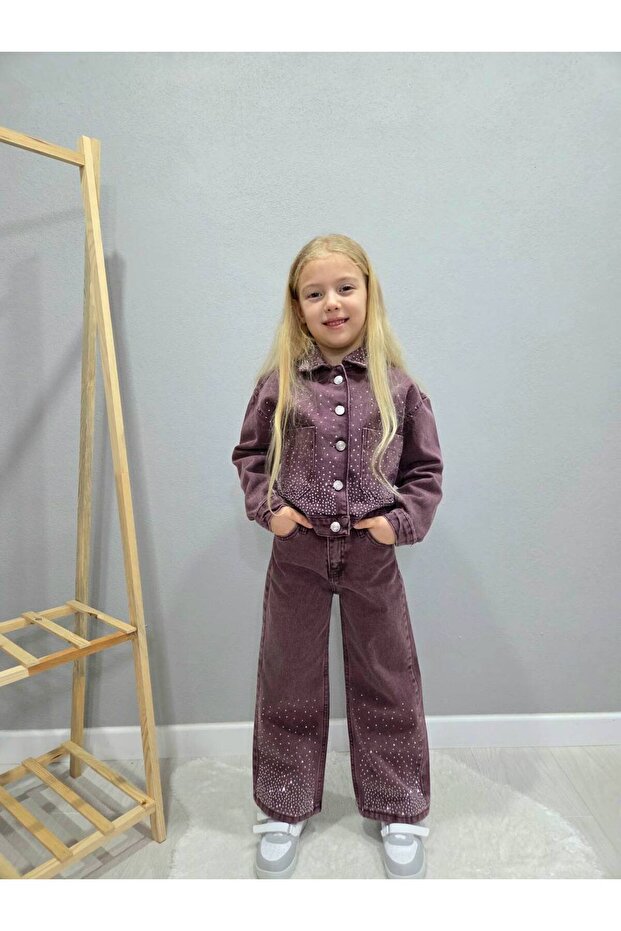 Eid Denim Suit with Stone Details for Girls