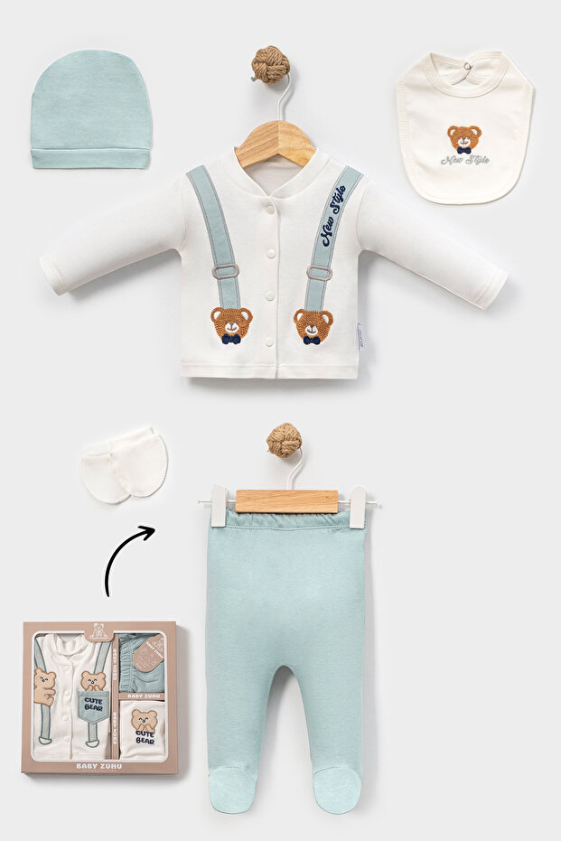 Green Teddy Bear Salopet Detailed 5-Piece Newborn Set