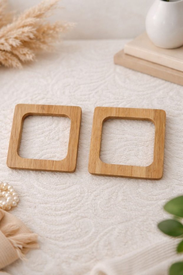 12X12 cm Wooden Square Bag Handle – Natural Wooden Ring for Knitting Bag (2 Pieces)