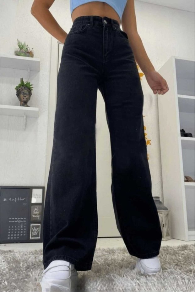 Women's Black Loose High Waist Lycra Wide Leg Denim Jeans