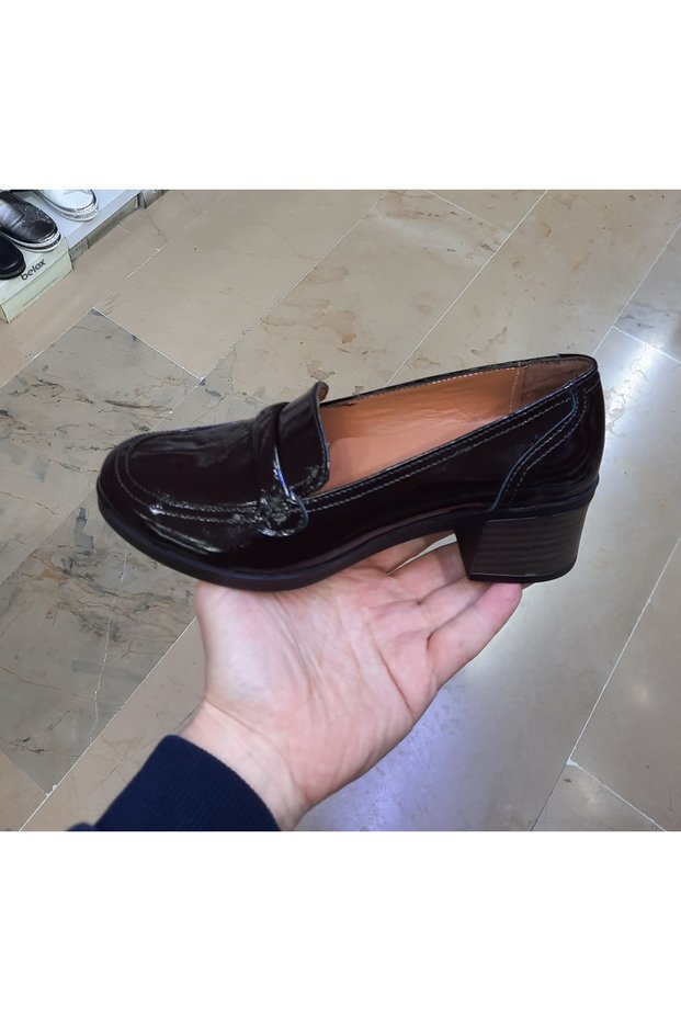Women's Inside-Outside H Genuine Leather O Orthopedic 5 cm K Block Heel Stylish, Comfortable Black-Brown Patent Leather Shoes