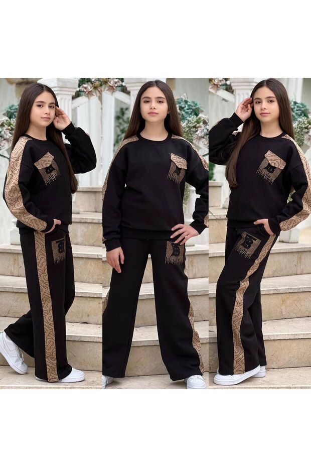 Girl's Stone and Striped Detail Two-Piece Tracksuit Set - 3 Yarns Without Rhinestones - Holiday Two-Piece Set