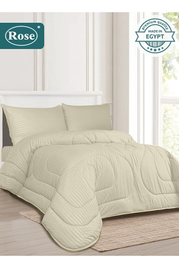 Microfiber Hotel Stripe Comforter Set 4 Pcs, Fits 120x200 cm Single Size Bed, Made in Egypt, Beige