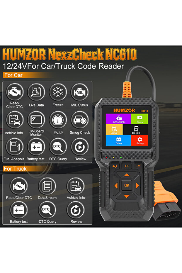 قارئ أكواد HUMZOR NC610 بجهد 12 فولت/24 فولت، بيانات حية، OBDII، محرك J1939، للسيارات، ماسح ضوئي للسيارات والشاحنات...