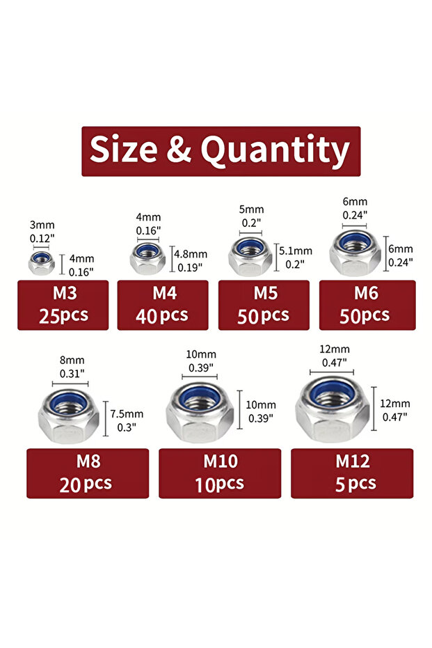 صندوق يحتوي على 200 قطعة من صواميل النايلون ذاتية القفل من الفولاذ المقاوم للصدأ 304، مقاسات من M3 إلى M12، مجموعة صواميل سداسية ذاتية القفل متنوعة