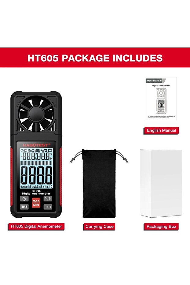 مقياس سرعة الرياح الرقمي المحمول HT605 من هابوتست، مزود بشاشة LCD بإضاءة خلفية.