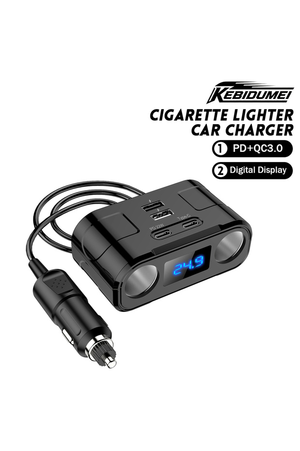 kebidumei KEBIDUMEI 6in1 Cigarette Lighter Splitter QC3.0+PD Car Charger Digital Display Phone Charg