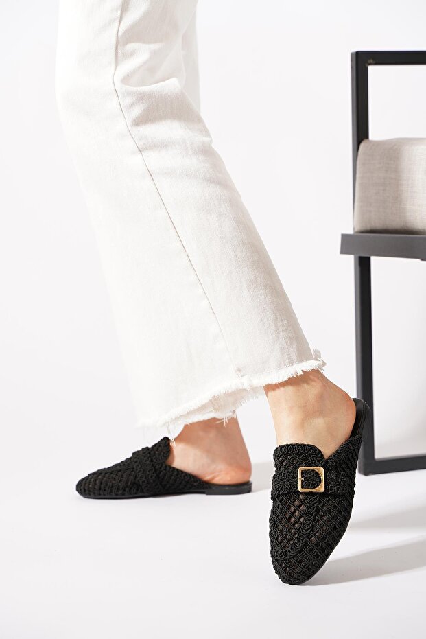 Totli Buckled Knitwear Knitted Women's Slipper Black