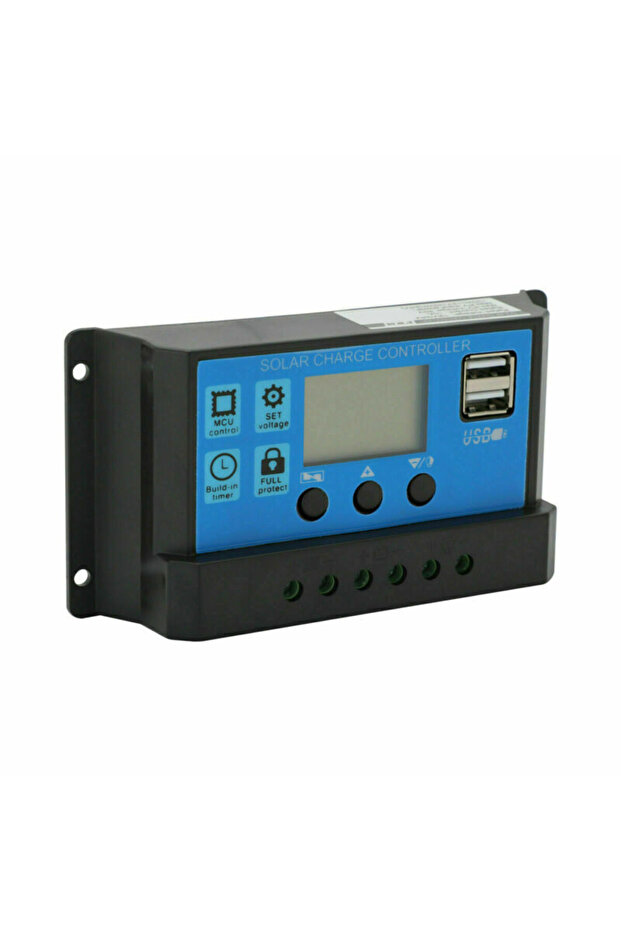 وحدة تحكم شحن وتفريغ الطاقة الشمسية 100 أمبير، زرقاء، بتقنية PWM، شاشة LCD، منفذي USB، لوحة خلايا شمسية أوتوماتيكية