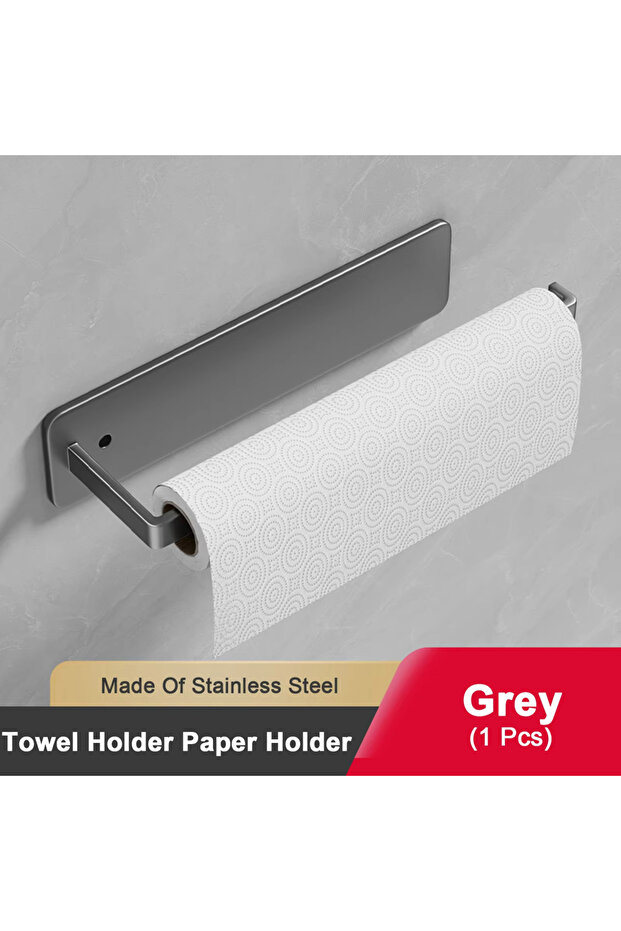 Grey Adhesive Toilet Paper Holder Stainless Steel Wall Mount Kitchen Roll Towel Rack Napkin Dispense