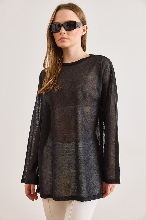 Women's Black Drapey Loose Fit Sheer Knitwear Blouse Blz-19003254
