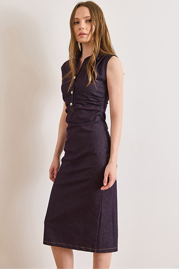 Women's Plum Drape Detailed Stretch Fabric Midi Denim Dress Elb-19002600