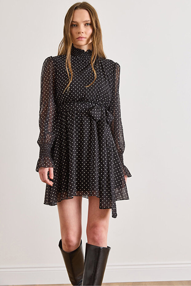 Women's Black Polka Dot Lined Belted Mini Chiffon Dress Elb-19002599