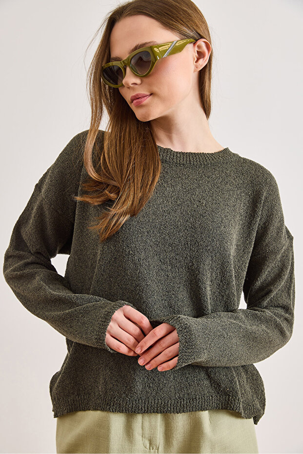 Women's Khaki Crew Neck Cotton Content m Transitional Knitwear Blouse Blz-19003226