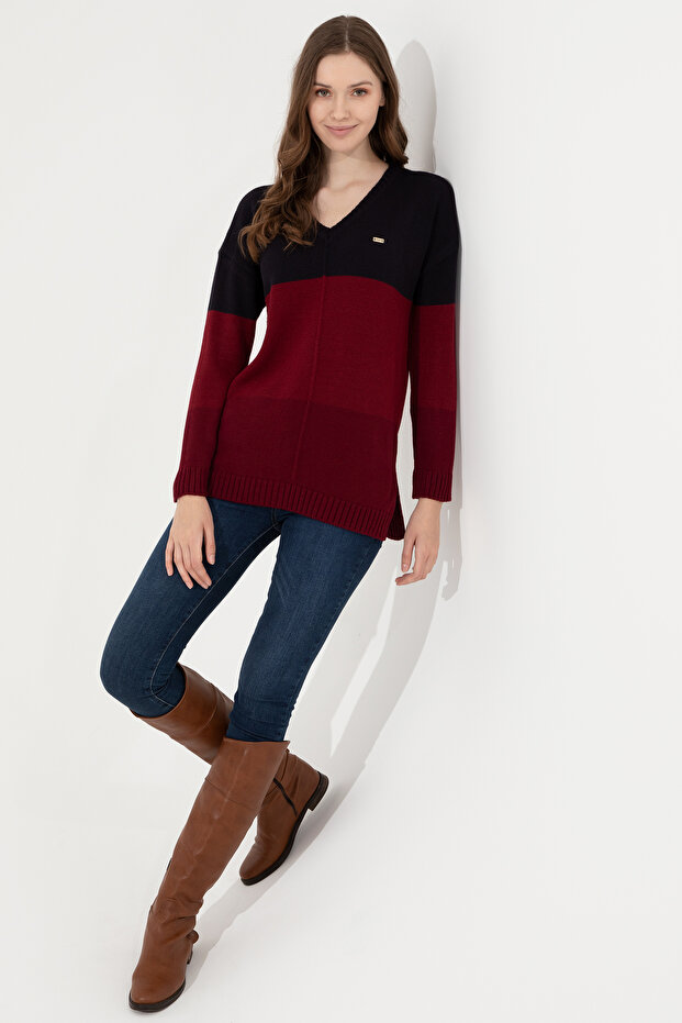 Women's Navy Blue V-Neck Sweater 50252208-Vr033