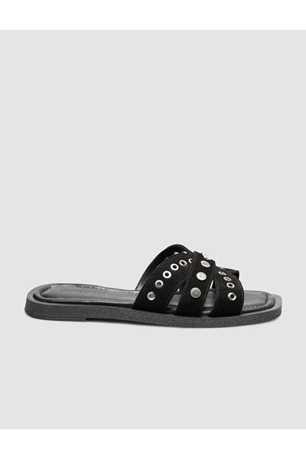 Black Suede Stone Detailed Genuine Leather Women's Slipper