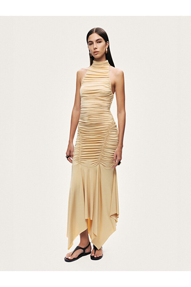 Halter Yaka Drapeli Midi Elbise - 3