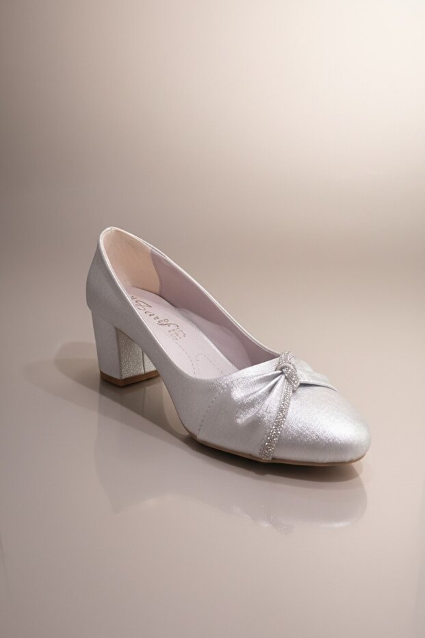 Elegant Silver Shiny Leather Square Heel Yu Round Toe Eyaz Stone Heel Shoes