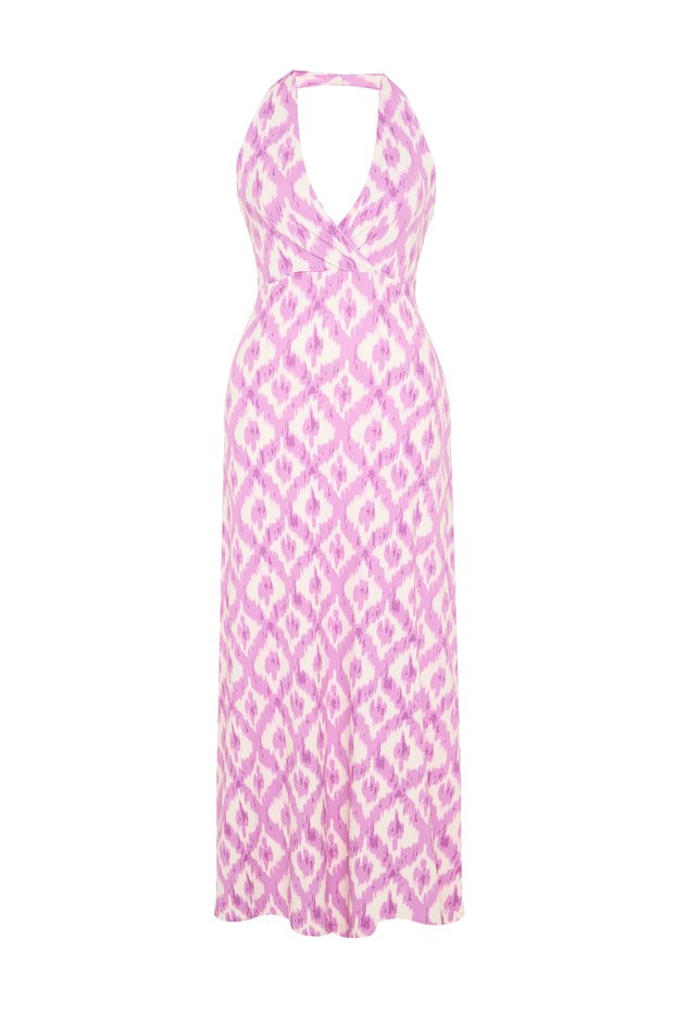Women's Pink Ethnic Printed Long Dress with Tie Detail