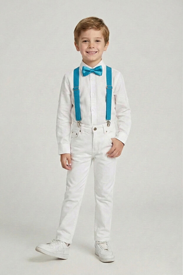 29 October 23 April Boys' Suit White Long Sleeve Shirt White Pants Turquoise Suspender Bow Tie