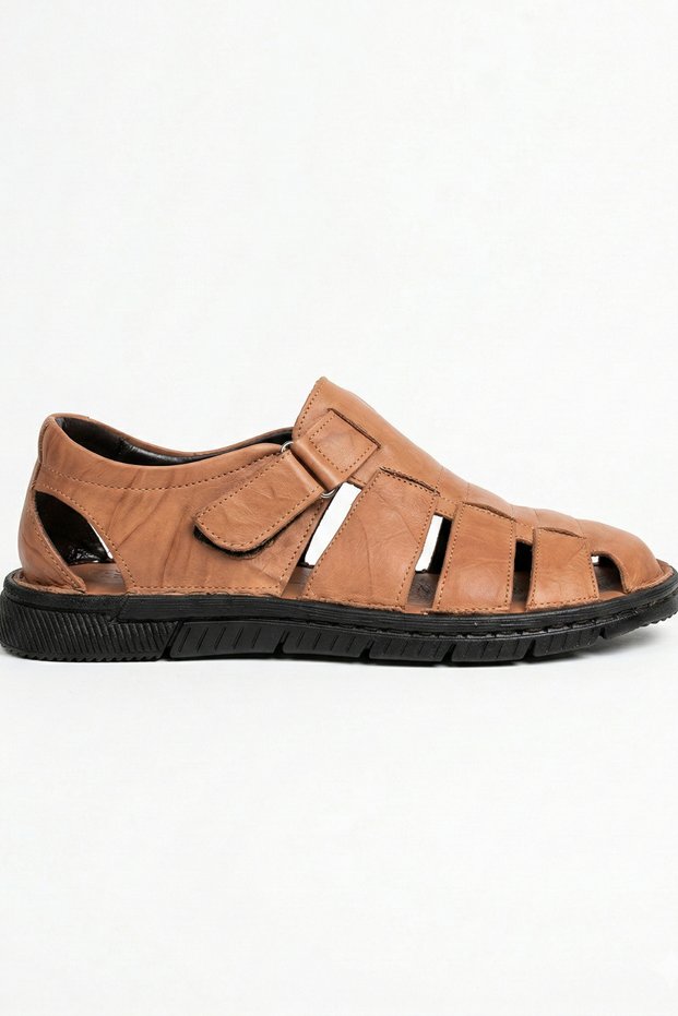 100% Genuine Leather Men's Velcro Summer Casual Shoes Sandals - Tan