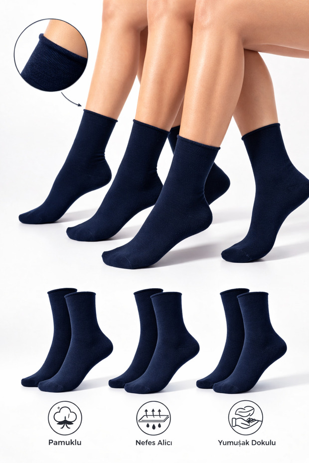 Cotton Women's Non-Elastic Navy Blue Socks Stitch-Free Premium Socks 3-Pack / Non-Marking / Non-Tightening Socks