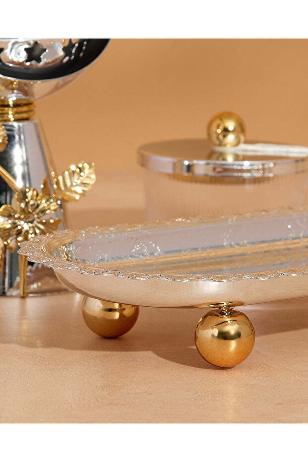 طقم صينية تقديم فضية مع وعاء وموزع عطر - 3