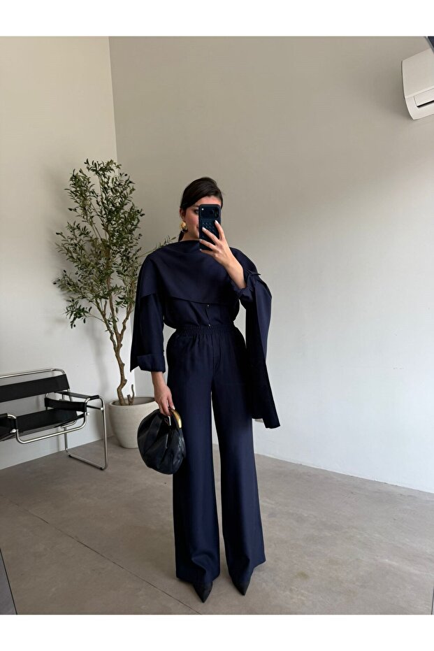 Navy Blue Double Suit with Shawl