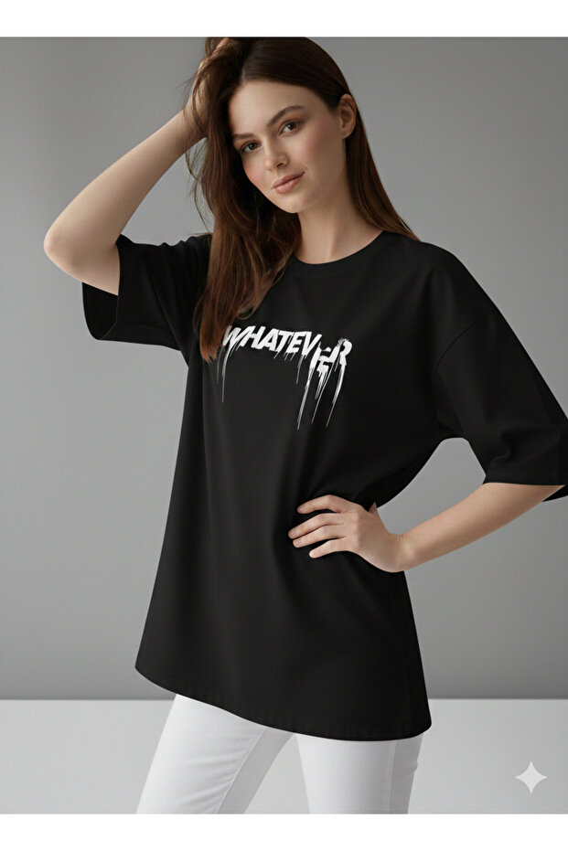 تي شيرت WhatEver مطبوع للجنسين مقاس كبير فضفاض