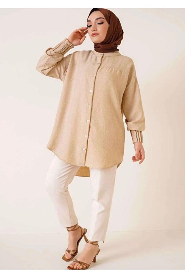 Women's Ribbed Sleeve Shirt Beige