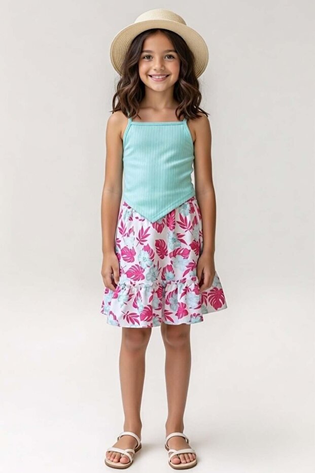 Girl's Rope Strap Sleeveless K Ribbed Knit C Cropped Fuchsia Leaf B Printed Skirt Set