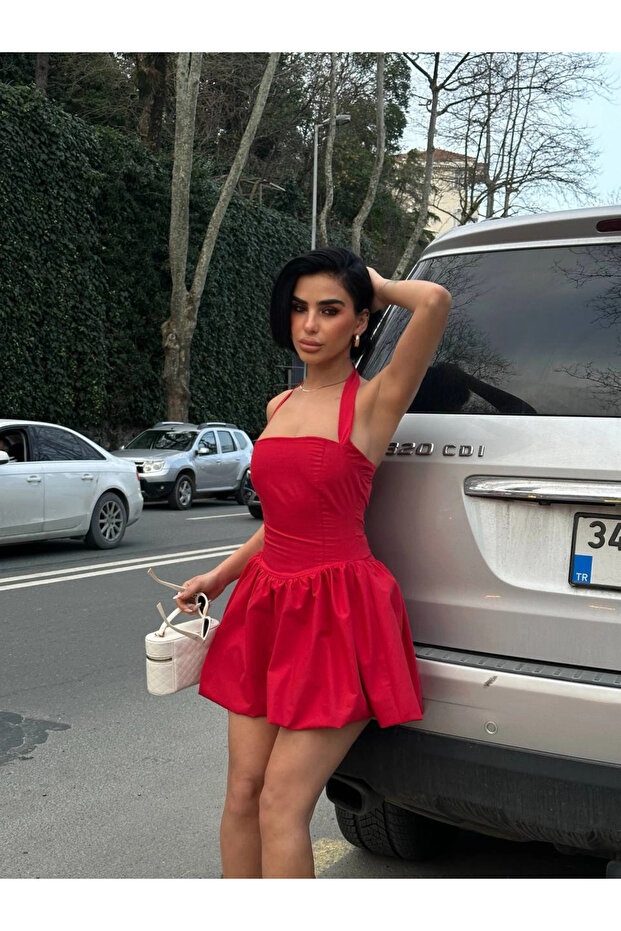 Balloon Red Fit Dress with Back Tie Detail