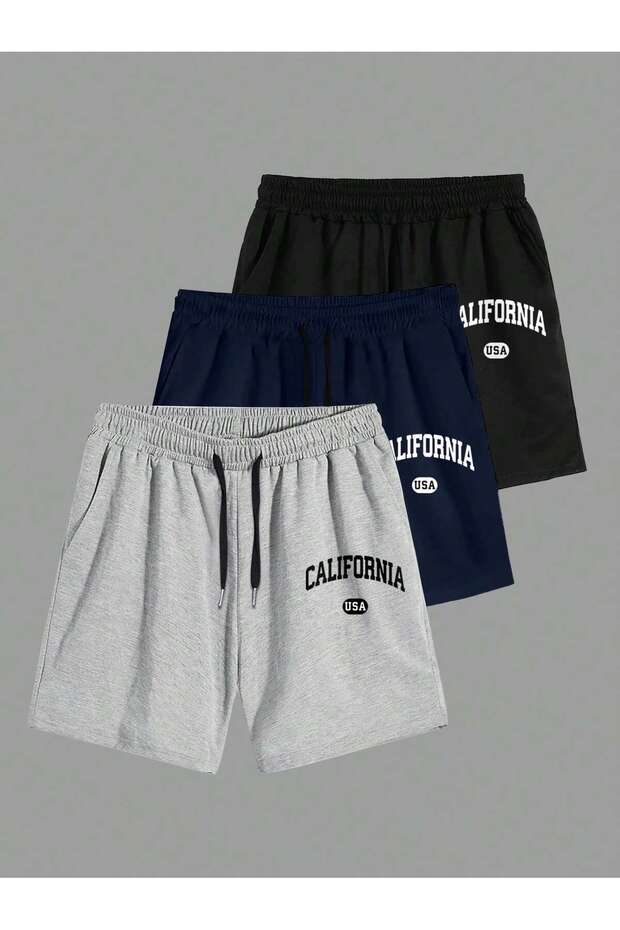 3-Piece California Printed Combed Cotton Men's Shorts (Black-Navy Blue-Grey)