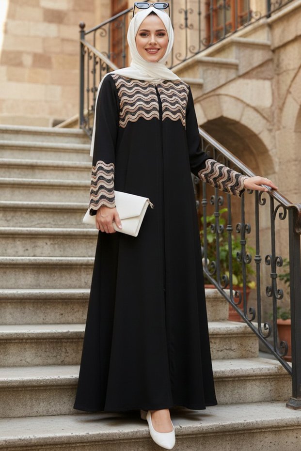 Patterned Black Hijab Abaya 29136S
