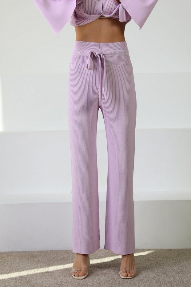 Lila Drawstring Waist Slit Corded Fabric Women's Knitwear Trousers
