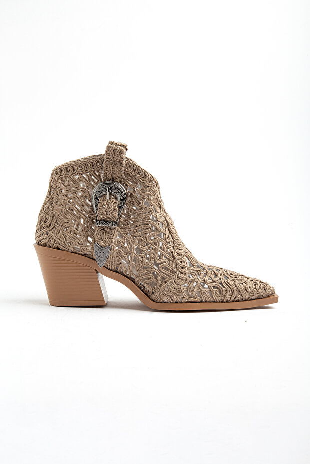 Mink Earth Straw Knitted Fabric Buckled Ankle Summer Western Cowboy Boots