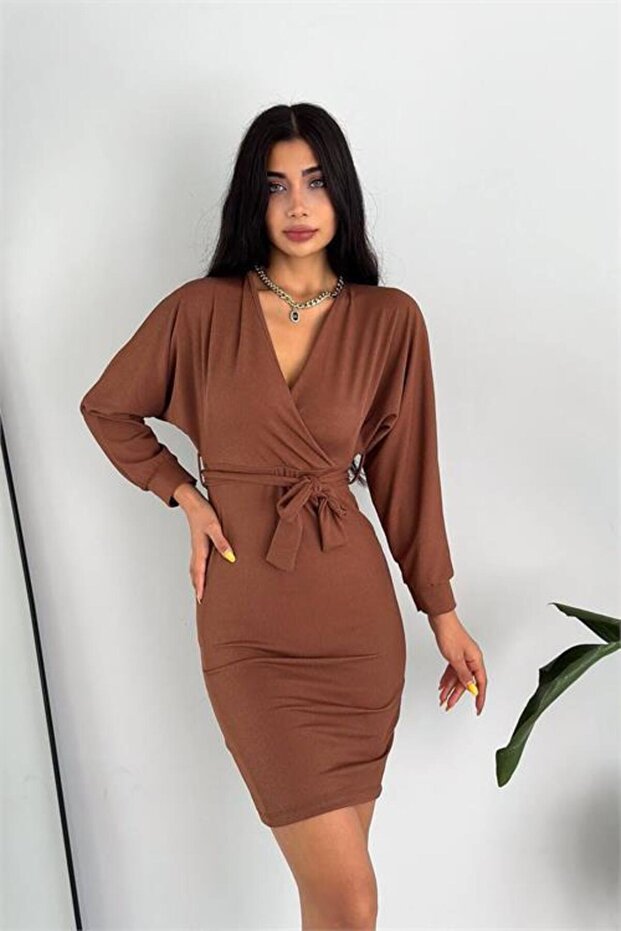 Women's Belted Double-Breasted Collar Knitted Dress Dpkklf47