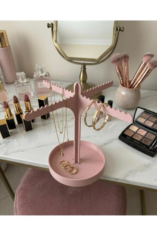 Jewelry Stand & Jewelry Organizer with Tray - Pink Modern Necklace Hanger and Organizer with Ring Tray