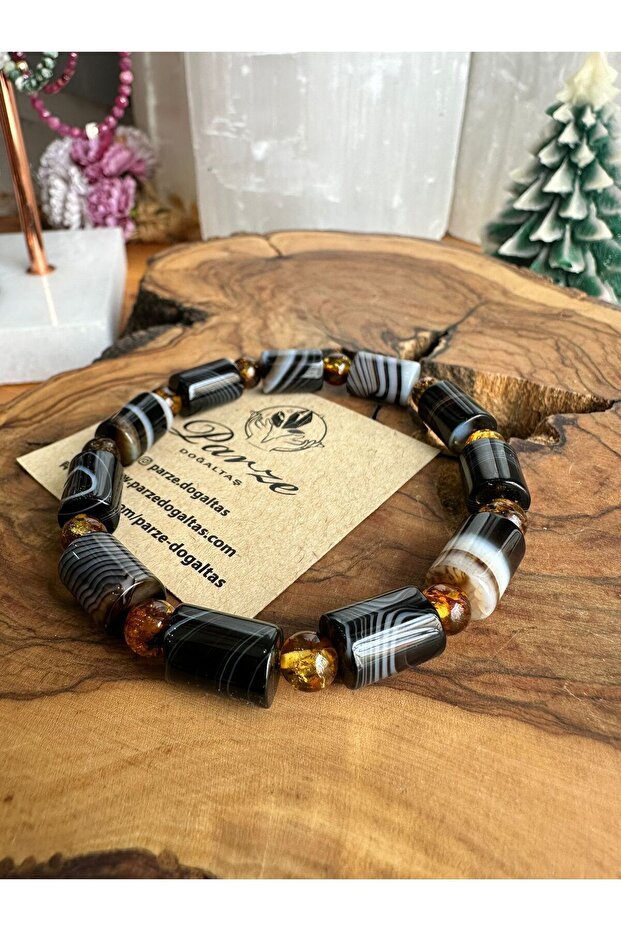 Black Agate and Amber Natural Stone Bracelet
