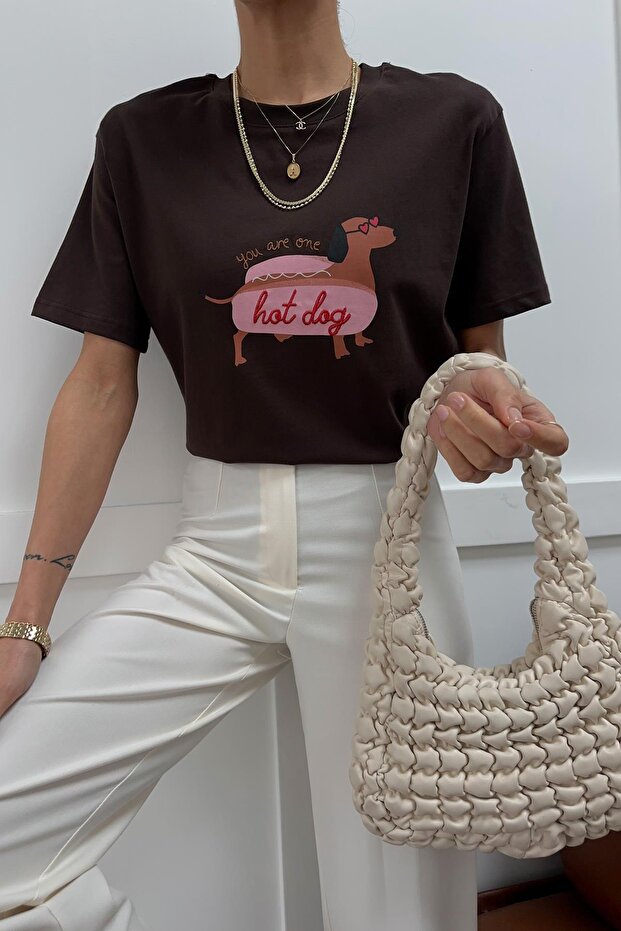 Hot Dog Embroidered Tshirt Coffee