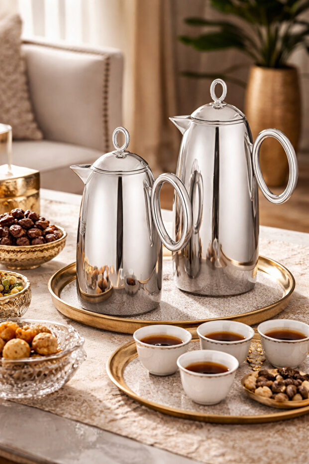 طقم ترامس السيف فضي لامع – 2 قطعة (0.7 + 1 لتر) تصميم فاخر يحافظ على حرارة المشروبات ✨☕