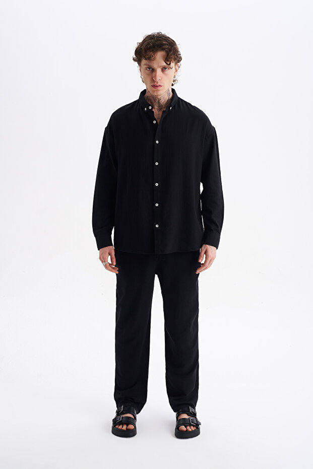 Men's Koton Linen Mixed Long Sleeve Shirt and Elastic Waist Pants Set