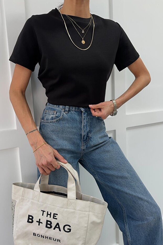 قطن قطعة تي شيرت أساسي باللون الأسود - 6