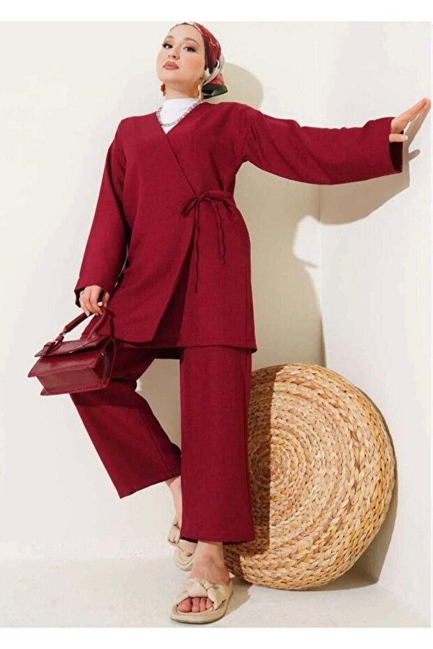 Women's Lace-Up Kimono Set Burgundy