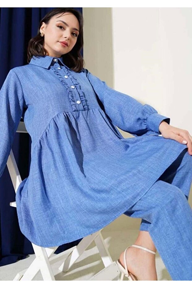 Women's Front Ruffle Detail Set Blue