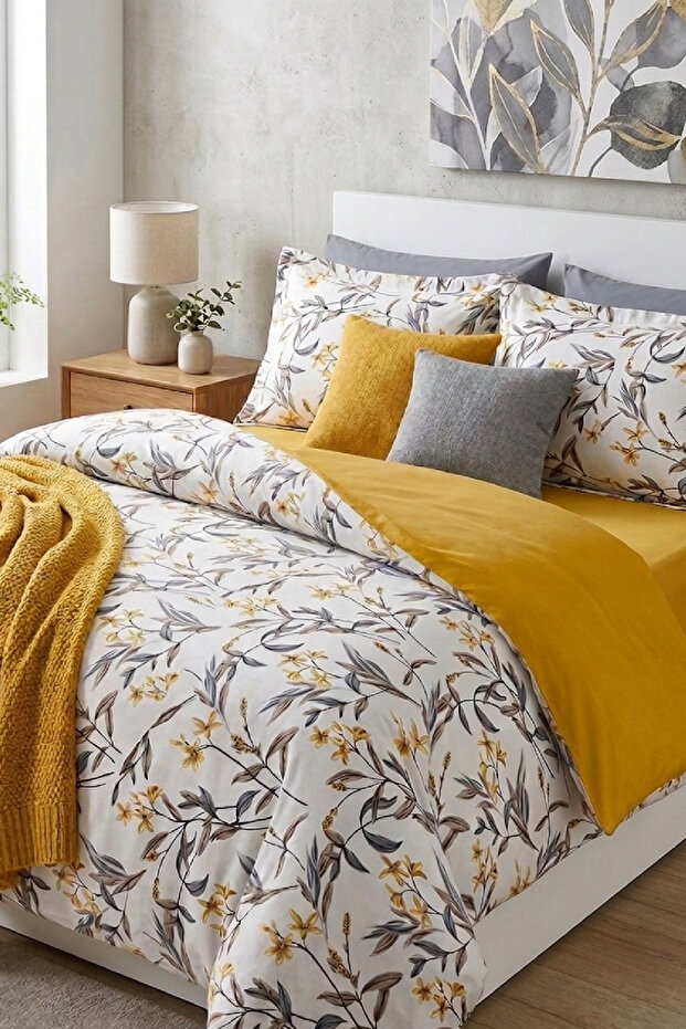 Yellow Floral Double Bed Sheet with Elastic Band - Cotton Duvet Cover Set -