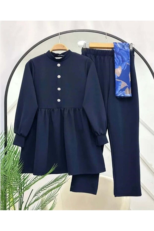 Women's Stone Buttoned Double Suit Set Navy Blue