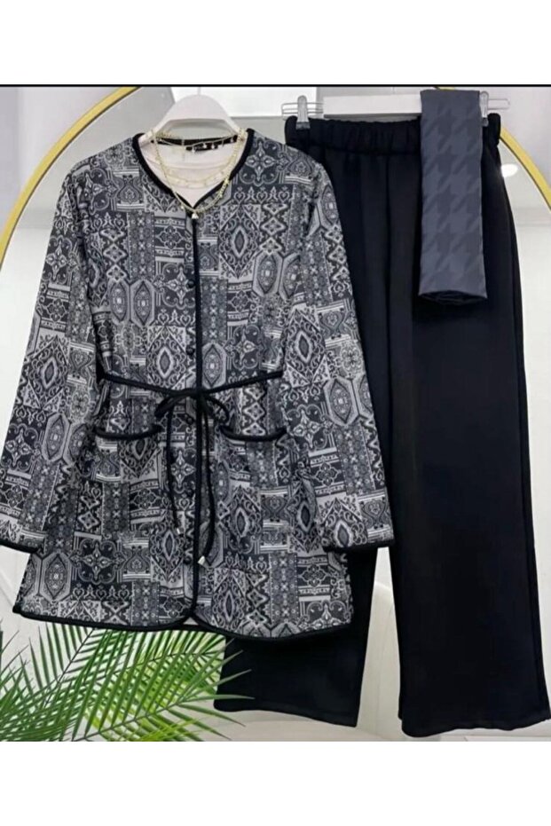 Women's Ethnic Patterned Pant Suit Black